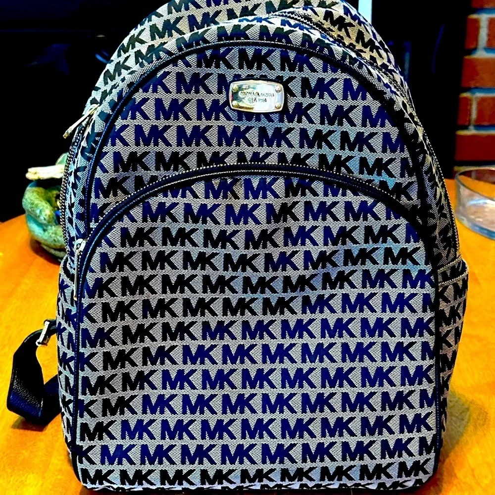 Michael Kors Black Jaquard Signature Canvas with Leather Straps Abbey Backpack